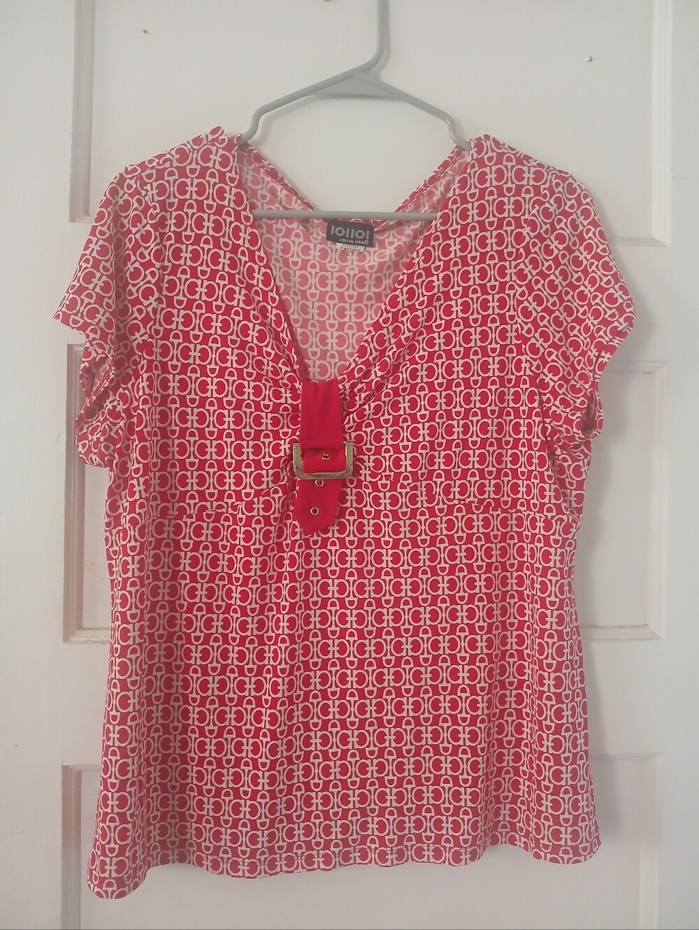 Ioioi Red Printed Belt-Accent Women’s Top
